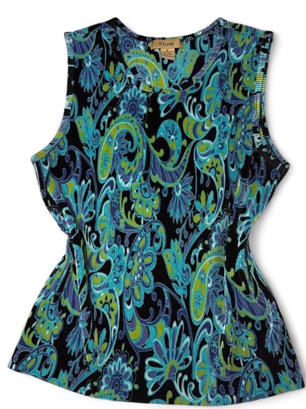 Plissé Black Paisley Sleeveless Tank Top - Blue & Green